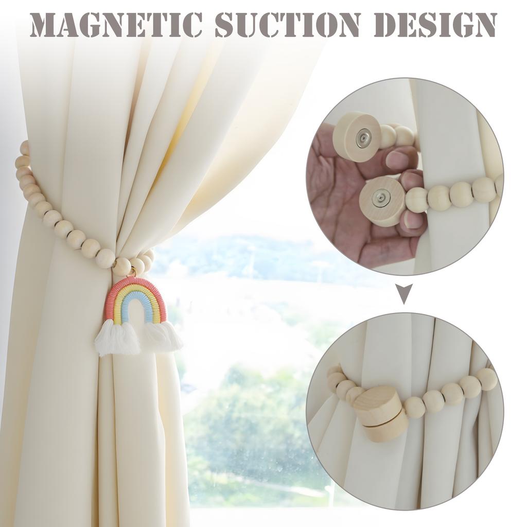 2 pcs Magnetic Wooden Bead Curtain Tiebacks Minimalist Rainbow Tassel for Bedroom Living Room Patio