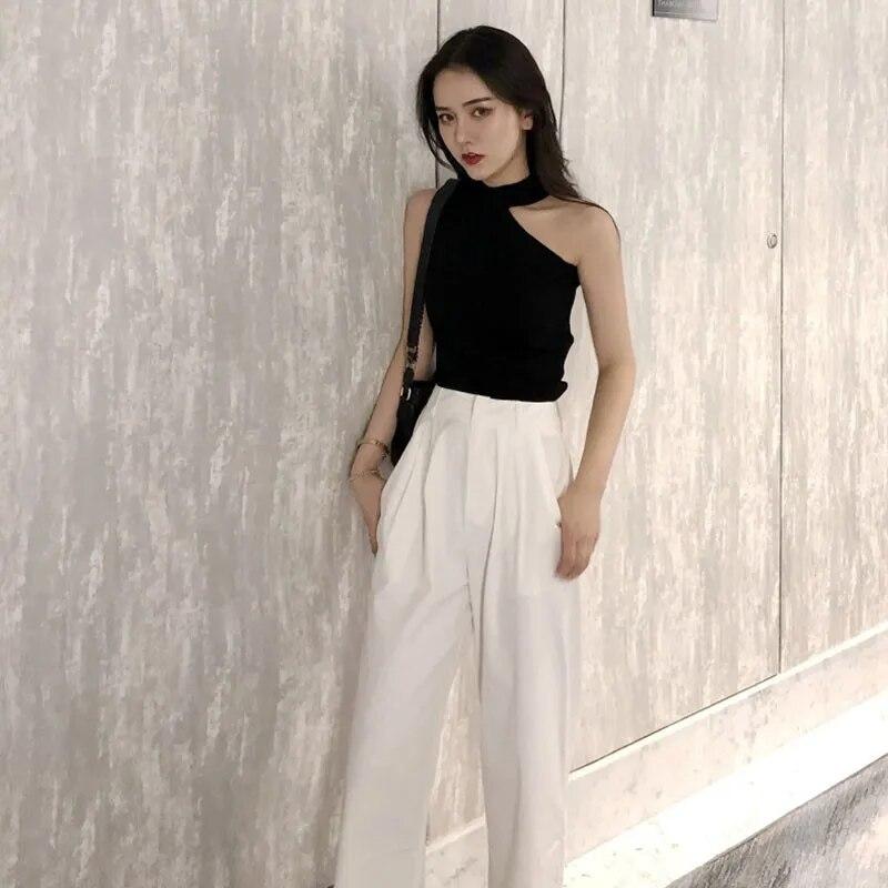 Women Tank Tops Off-the-shoulder Sleeveless Hanging Neck Knitted Small Vest Female Slim Slimming T-shirt