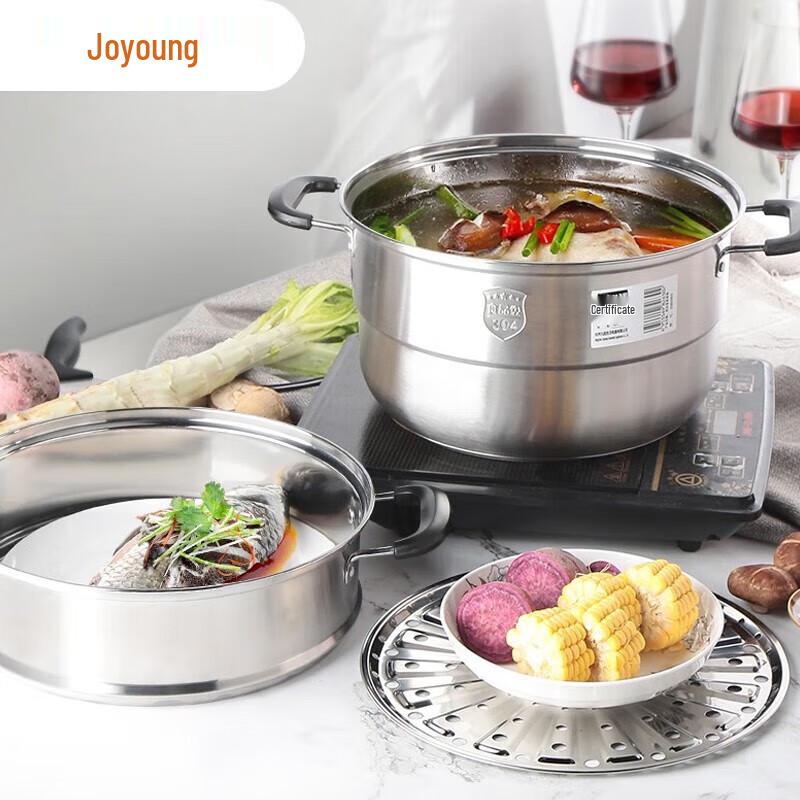 Joyoung 3-Tier Stainless Steel Steamer Pot with High Arched Lid, 28cm