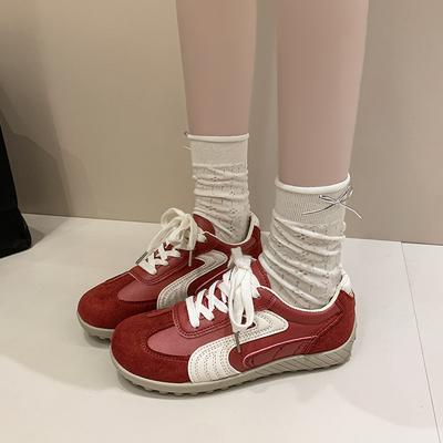 Fashion Casual Sneakers Autumn New Round Toe Colorblock Front Lace-Up Soft Sole Non-Slip Wear-Resistant Flat Single Shoes