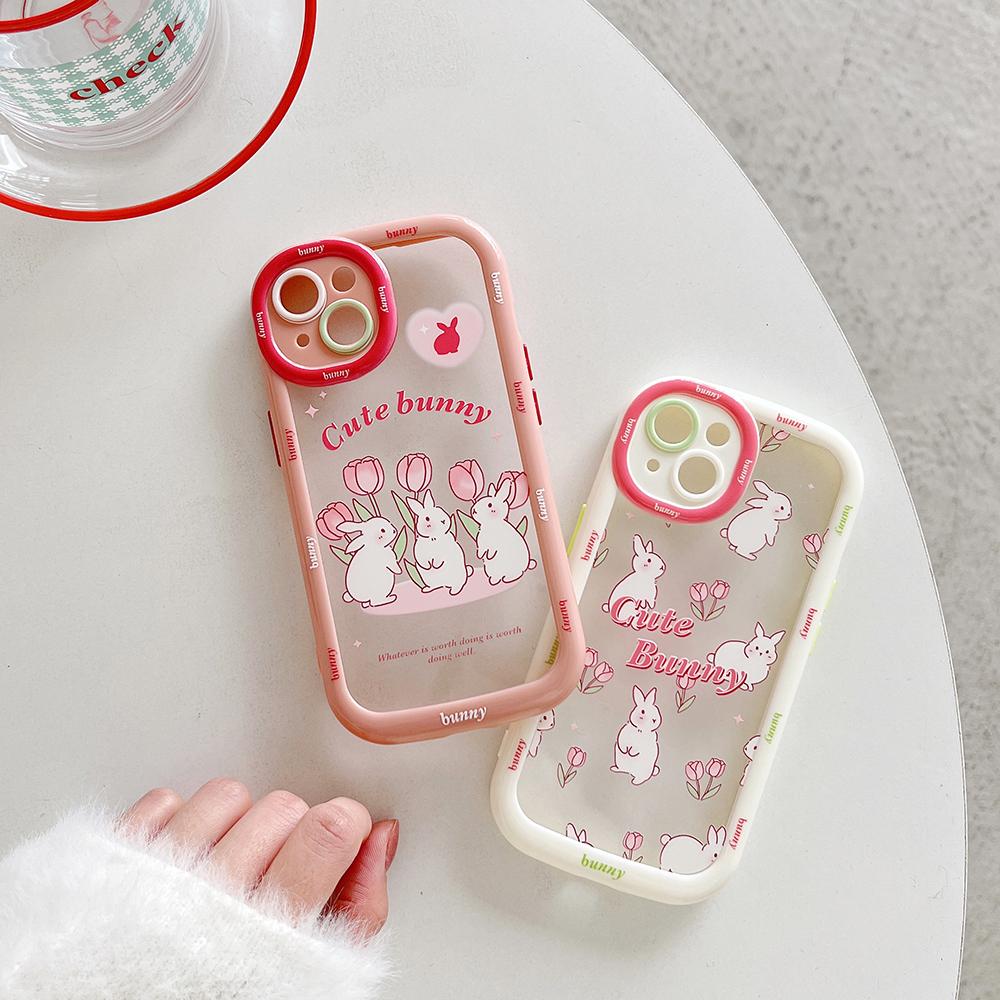 Cute Rabbit Cartoon Bunny Lovely Tulips Shockproof Bumper Clear Phone Cases For Iphone 14 11 12 13 Pro Max Soft Back Cover Case