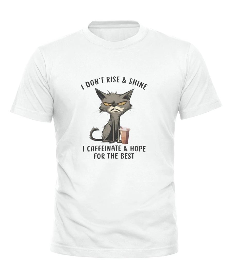 I Don’t Rise And Shine I Caffeinate Funny Grumpy Cat Coffee Shirt S-4XL Unisex