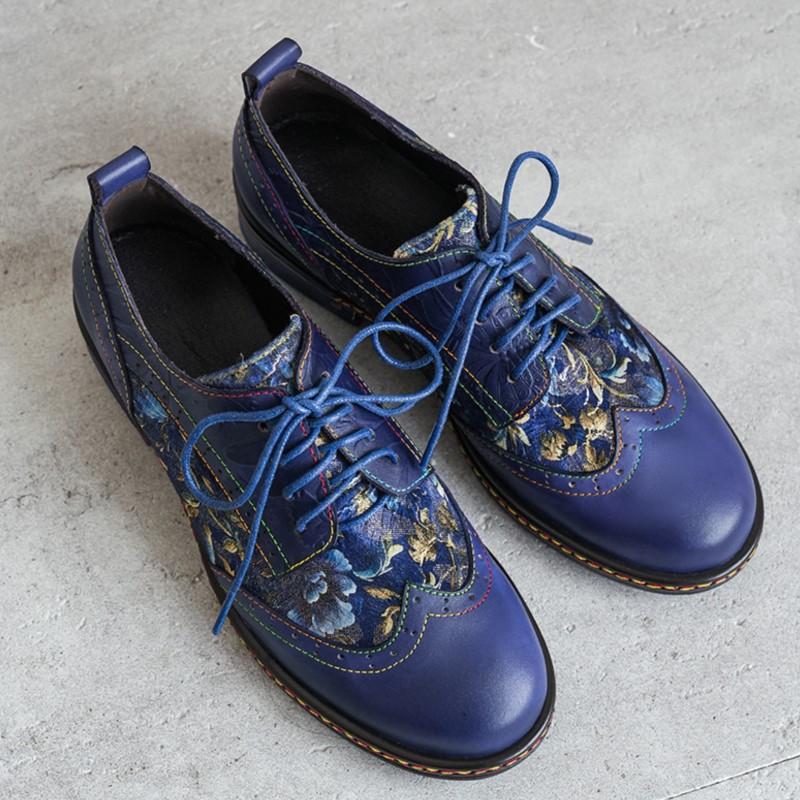 Johnature Genuine Leather Printed Pumps Retro Round Toe Lace Up Low Heel Women's Shoes