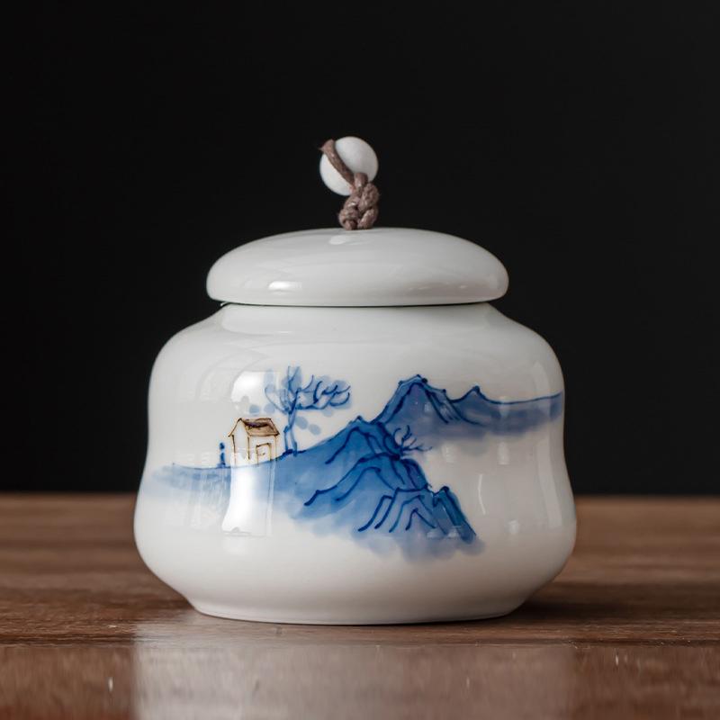 Creative Ceramic Tea Caddy with Landscape and Floral Design Sealed Jar Multi-Functional Storage for Candy Nuts and Coffee Beans