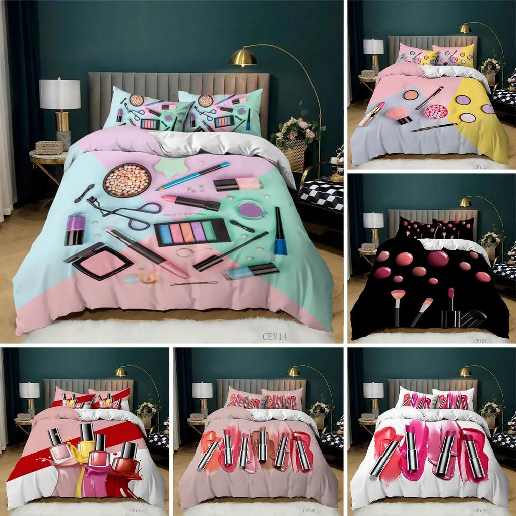 Fashion Makeup Cosmetic Theme Comfortable Duvet Quilt Cover Pillowcase Bedding Set Children Bedroom Decoration Home Textile