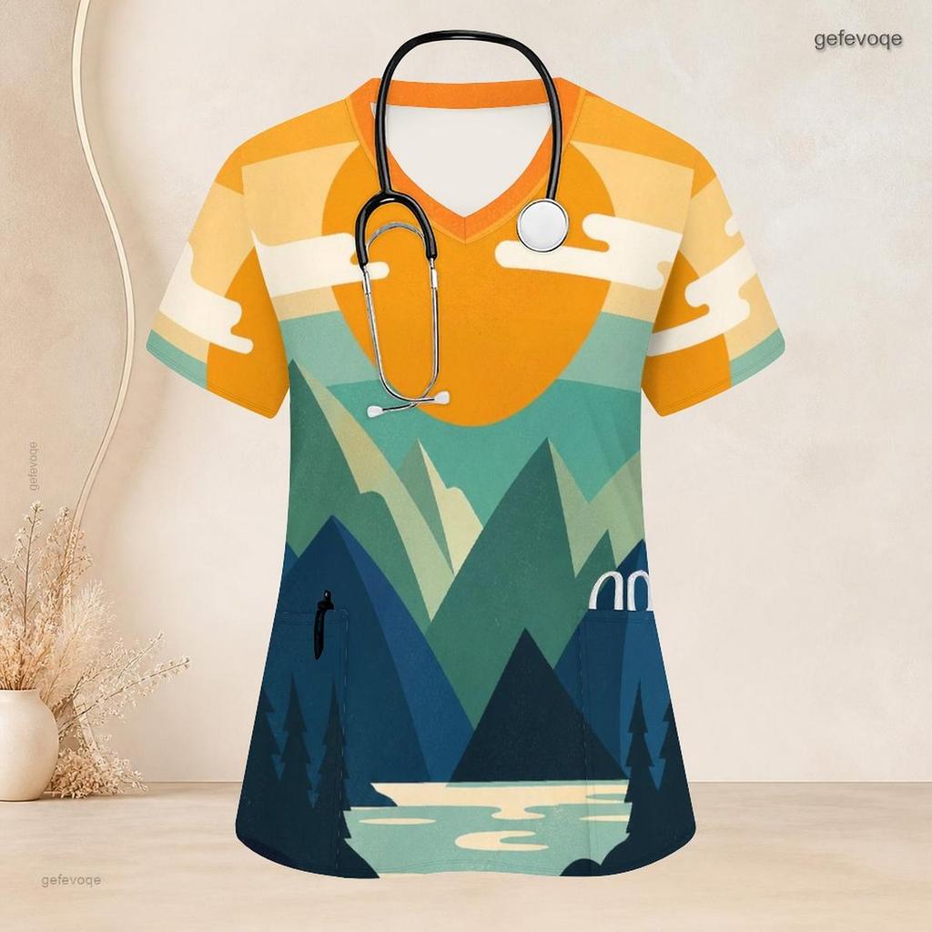 Women Plus Size Nurse Scrub Top V Neck Short Sleeve Cartoon Avocado Printed White With Front Pockets