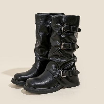 Französische Retro-Mittelstiefel mit dickem Absatz Damen Sommer Schwarz Dicksohlige Dünne Stiefel Damen Ödland-Wind Gerüschte Stulpen-Kurzstiefel