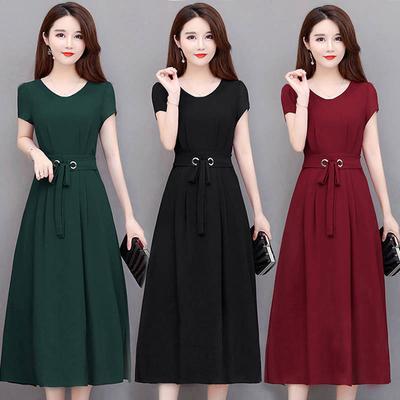 Sommer neues kurzärmeliges mittellanges überknielanges tailliertes schlankmachendes Kleid Damen