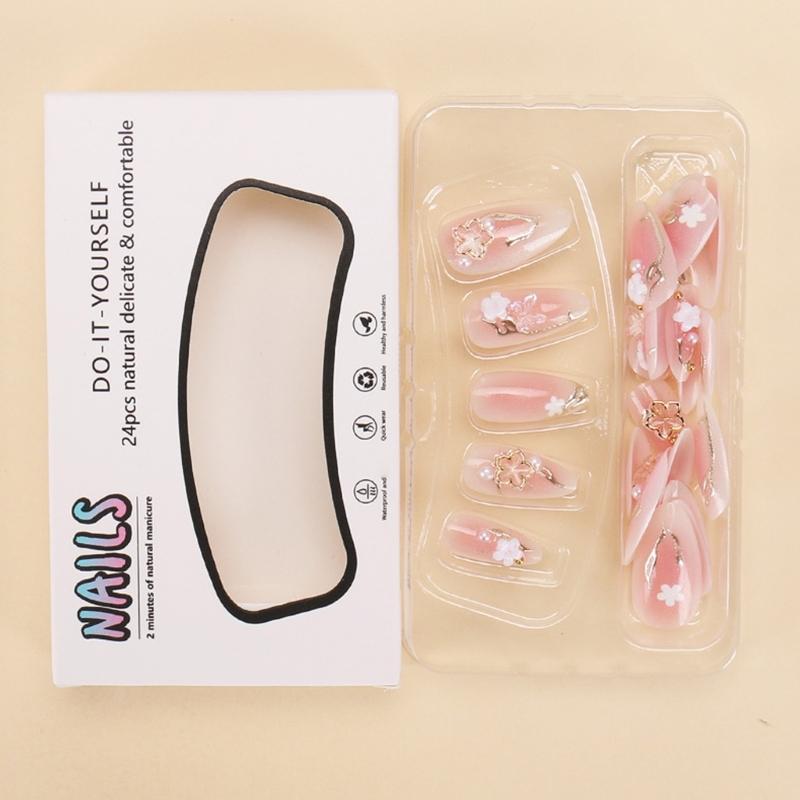 24 Stück Kurze Mandelform Aufklebe-Nägel Vollabdeckung Aufklebe-Nägel Acryl-Nagelset mit 3D-Blumenanhänger Falsche Nägel für Frauen