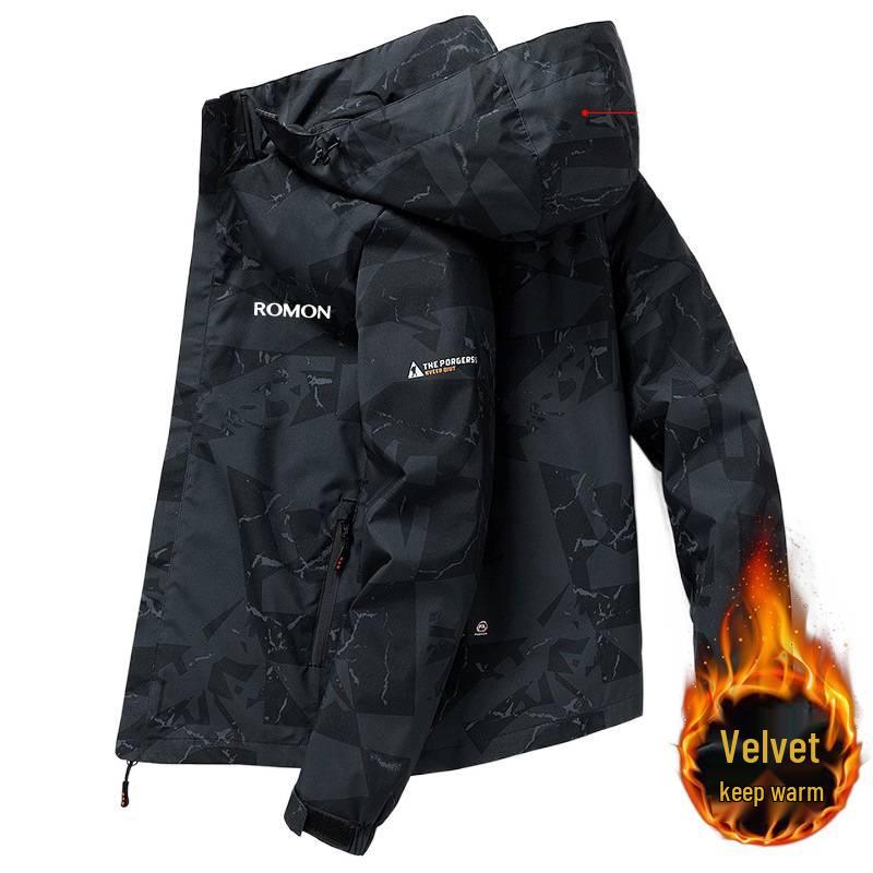 Romon Herren Camouflage Fleecegefütterter Kapuzen-Wasserabweisender Windbreaker Parka