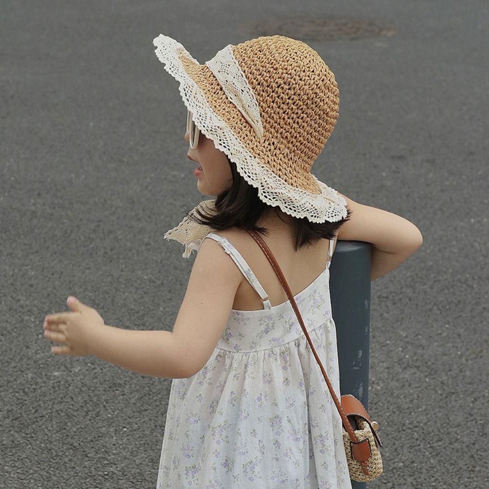Lace Up Children Straw Sun Hat Shading Hat Anti-UV Sun Hat Cartoon Sunshade Hat Korean Style Foldable Children's Visor Hat