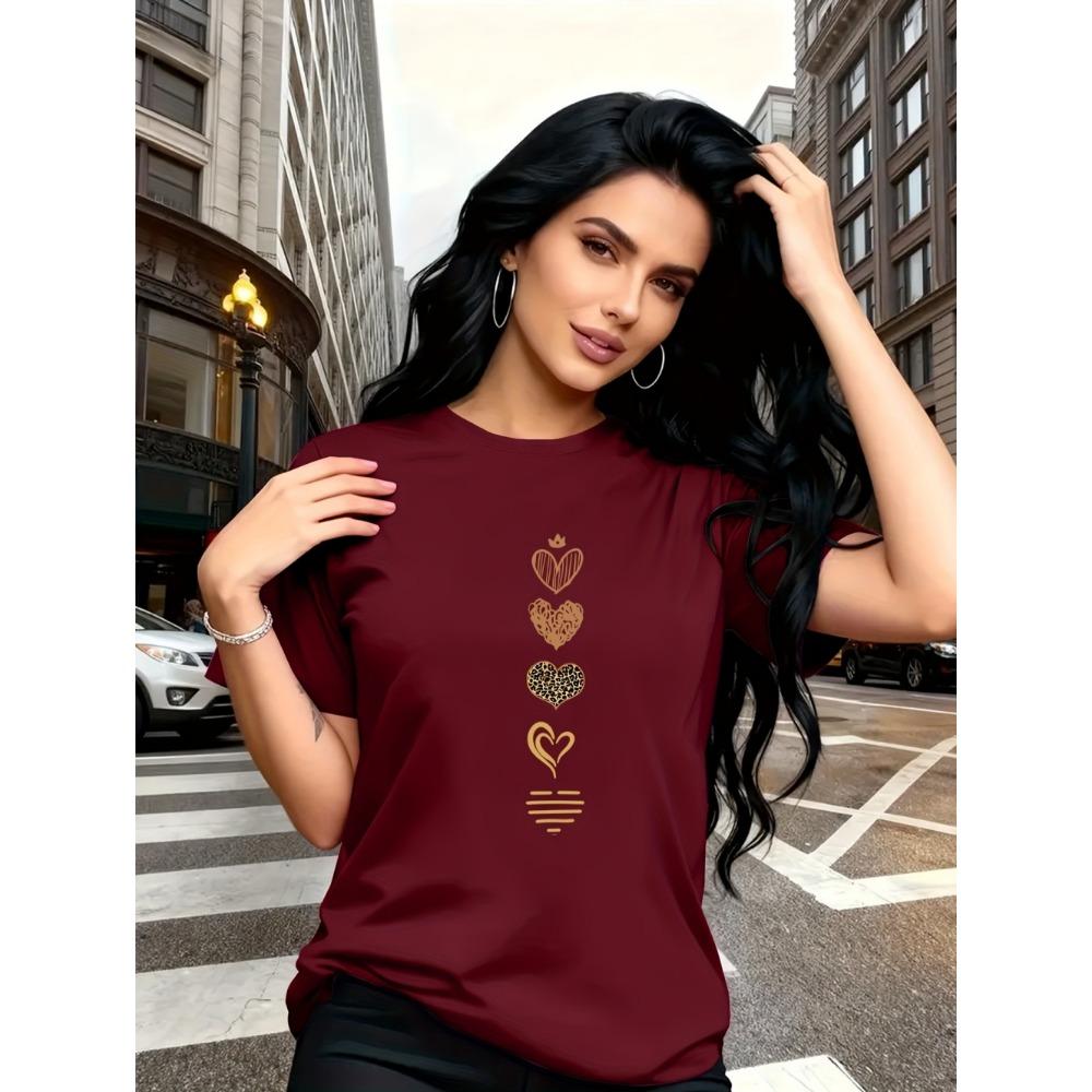

2026 Trendy New Summer Women s Heart Print T-Shirt Round-Neck Short Sleeve Tops Fashion Casual Love Graphic Tees Woman Clothes XL