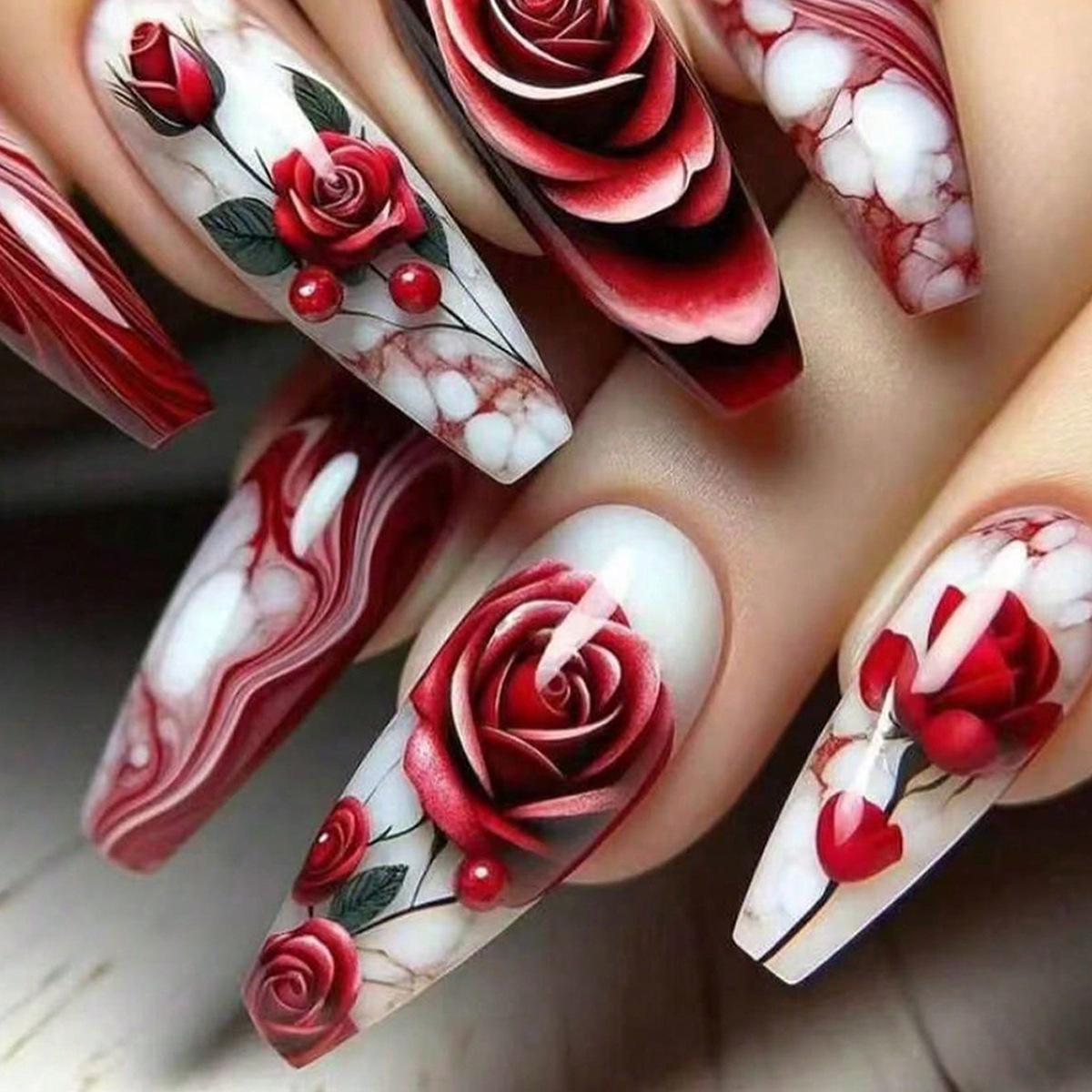 

Dark Red Flower Wearable Armor Nail Art Patches - 24 Piece Set of False Nails