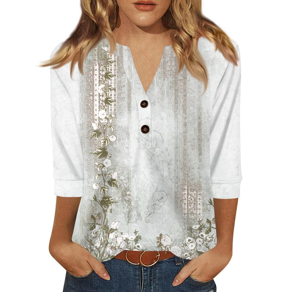 Dames T-shirt Print Knoop 3/4 Mouw Dagelijks Weekend Mode Basic V-hals Normale Top