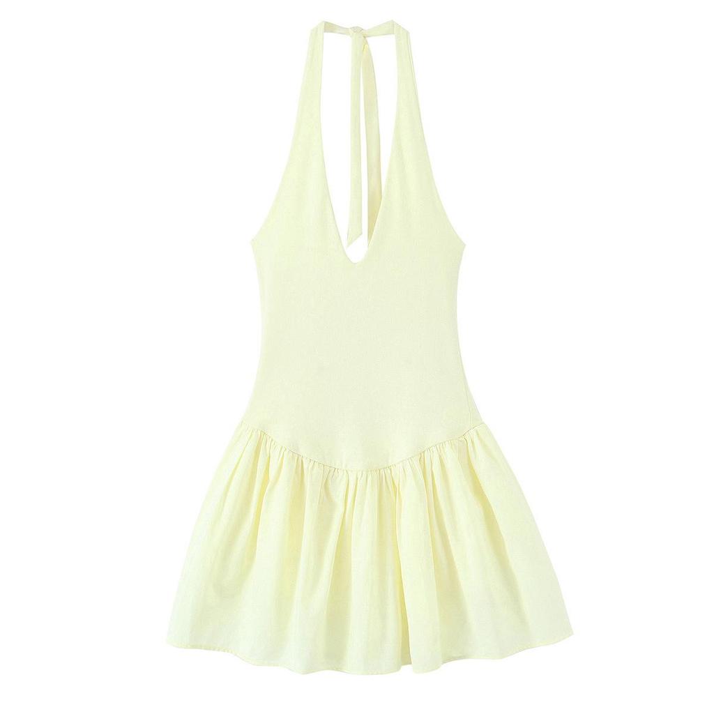 2025 Summer Women's Slim Pleated Patchwork Halter V-Neck Dress