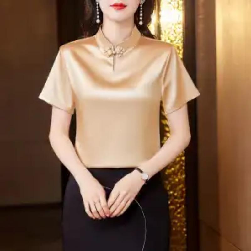 Women's White Satin Mandarin Collar Blouse Casual Short Sleeve Top with Pearl Decor