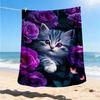 1pc Cat Roses Outdoor Blanket - Soft Flannel Cozy for Travel & Camping - All-Season Warm Bed Cover, Machine Washable yy251229102