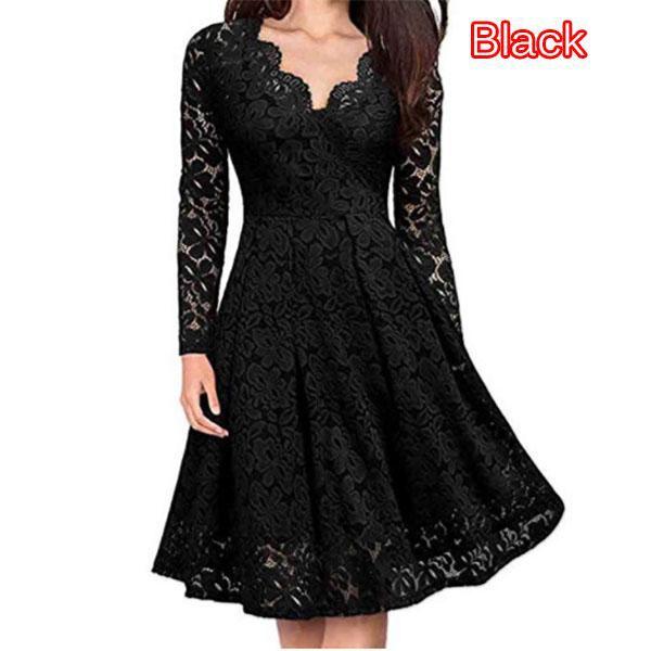 Womens Lace Dress New Solid Color V Neck Long Sleeve Big Swing Slim Midi Skirt Ladies Autumn and Winter Party Fashion Dresses
