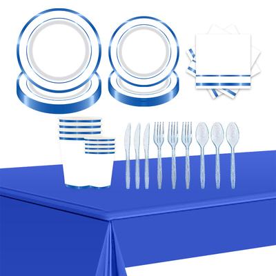 Conjunto de Louça Azul Real Quente Prato de Papel Copo de Papel Guardanapo de Papel Faca Garfo Colher Película de Alumínio Toalha de Mesa Itens Descartáveis para Festa