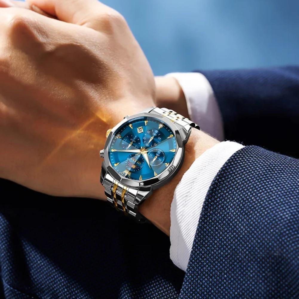 Mens Business Watch Fashion Quartz Watches Multifunctional Chronograph Waterproof Moon Phase Watch Mens Gifts