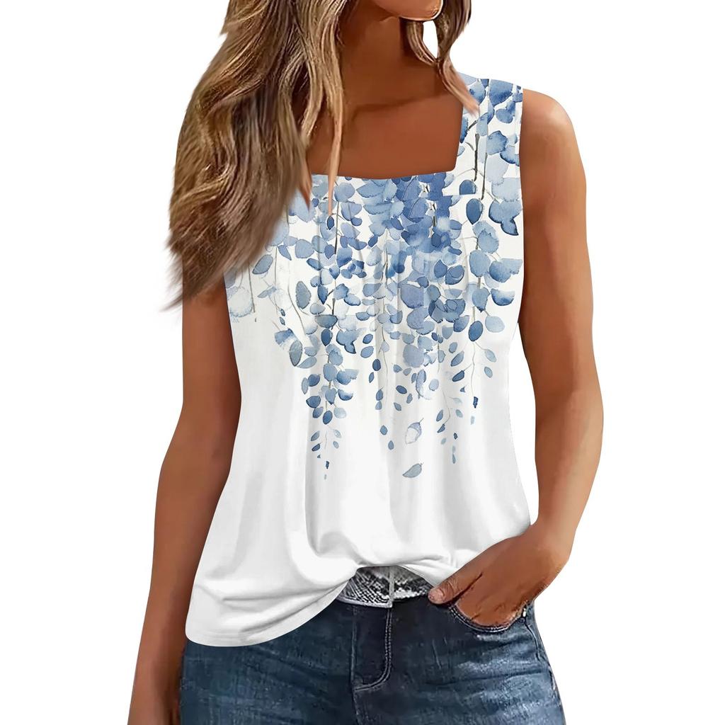 Women's Pleated Square Collar Sleeveless Vest Print T-shirt