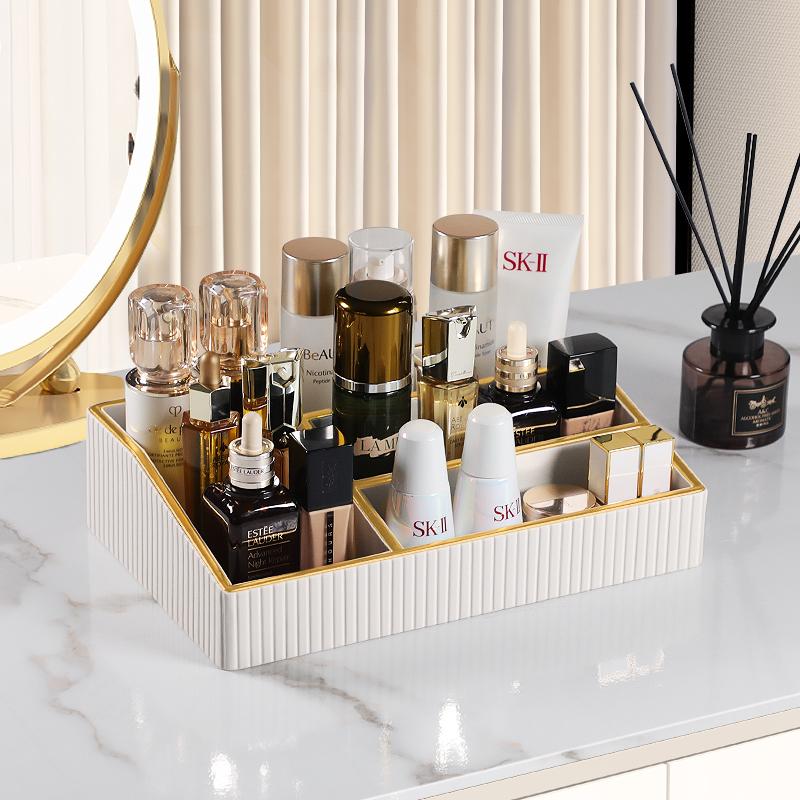 Makeup Storage Basket Bins with Dividers for Women Cosmetics Display Case Leather Skincare Multifunctional Desktop Organizers