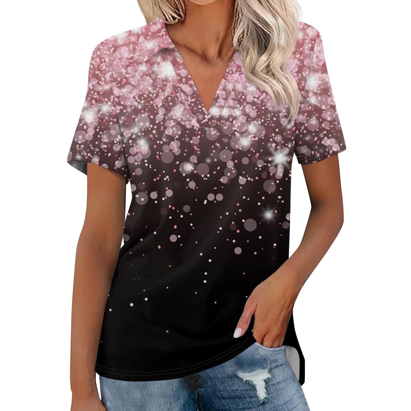 

Женская модная футболка с коротким рукавом, летняя повседневная футболка с v-образным вырезом и лацканами, базовый топ с принтом пайеток S светло-розовый