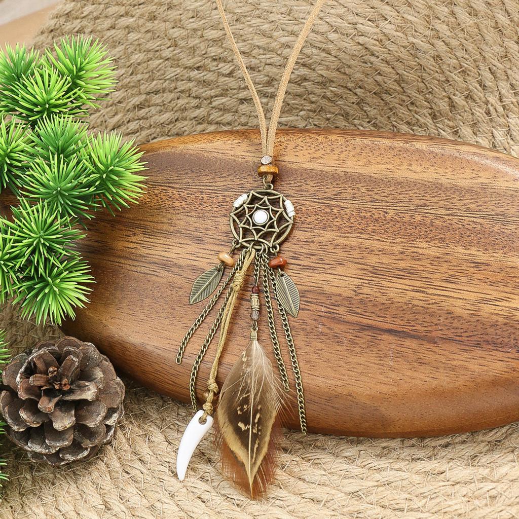 Retro Feather Tassel Necklace European And American Round Dreamcatcher Accessory Long Sweater Chain