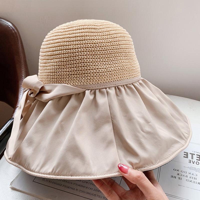 Women's Full-Coverage Summer Sun Hat with Bowknot - Versatile Black Sunscreen Bucket Hat