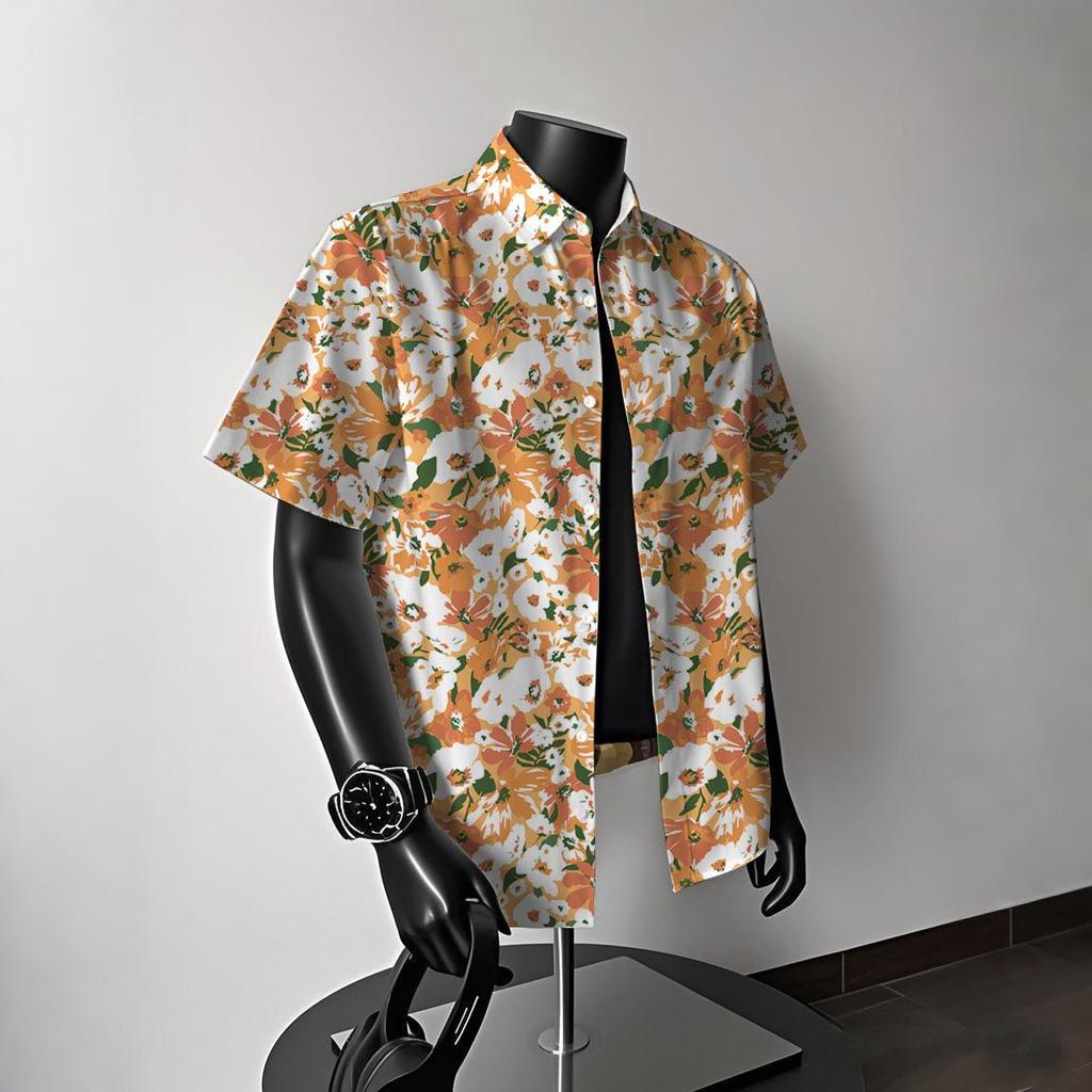 Men's Vintage Hong Kong-Style Hawaiian Floral Short-Sleeve Shirt: Trendy Summer Beachwear for Couples