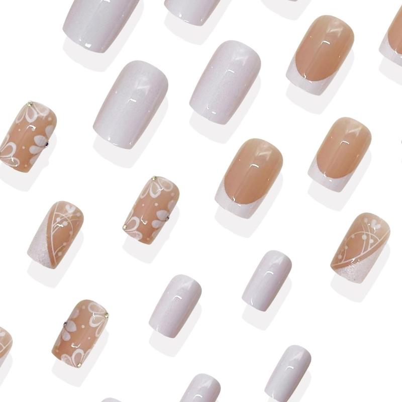 Square Press On Nail Flower Fake Nail Glues On Nail Artificial Acrylic Nail 24pcs Stick On Nail for Womens and Girls