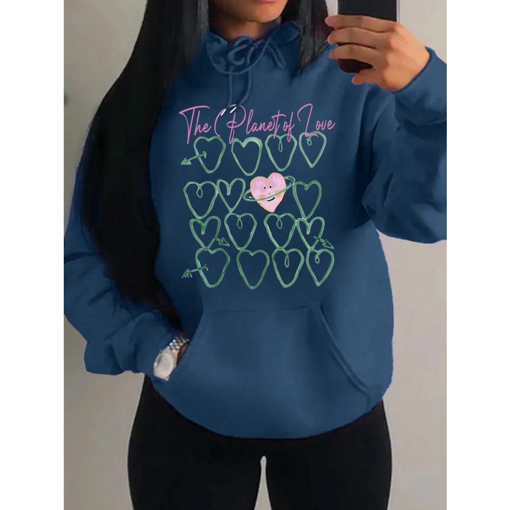 Der Planet der Liebe Kreatives Herz Bedruckter Damen Hoodie Street Pocket Y2K Streetwear Fleece Kapuzenpullover Lässig Mehrfarbig Pullover
