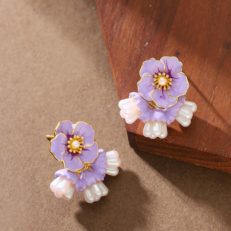 Mori Sweet Temperament Fairy Wind Enamel Drip Glaze Flower Stud Earrings Niche High-end Earrings Spring Simple Earrings