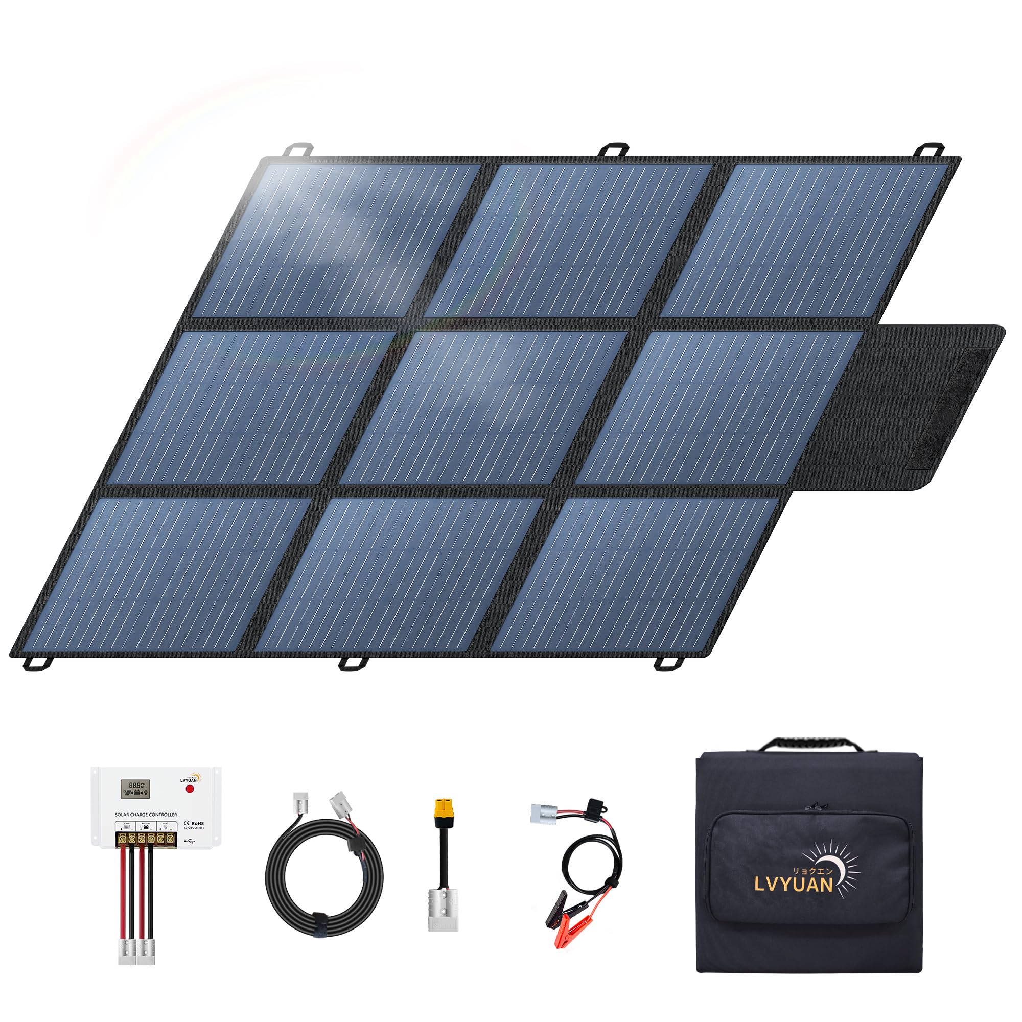 

LVYUAN 200 Вт Складная солнечная панель для литий-железо-фосфатной солнечной батареи и IP64 водонепроницаемая и с высокой выходной конверсией Портативная для использования на открытом воздухе и в автомобиле чёрный