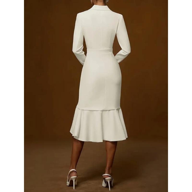 DAFIFY Women's Fashion Spring Fall Solid Color Print Long Sleeve POLO Neck High Waist Casual Dresses