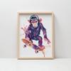 Plakat Małpi Skateboardzista Plakat Małpi Skateboardzista, 70X100 Cm, Rama Drewniana Jasny Dąb, Papier Matowy 230 Gsm