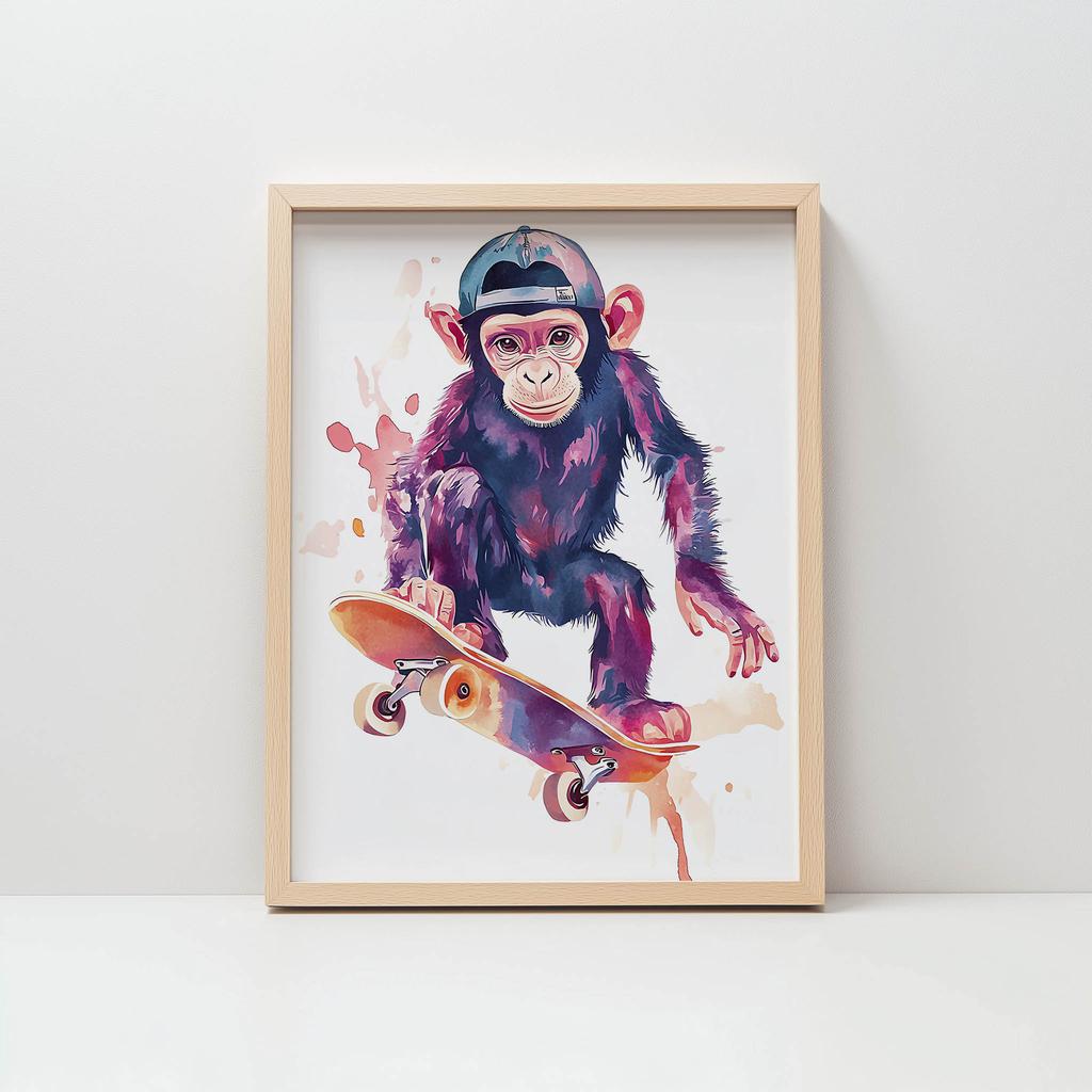 Plakat Małpi Skateboardzista Plakat Małpi Skateboardzista, 70X100 Cm, Rama Drewniana Jasny Dąb, Papier Matowy 230 Gsm