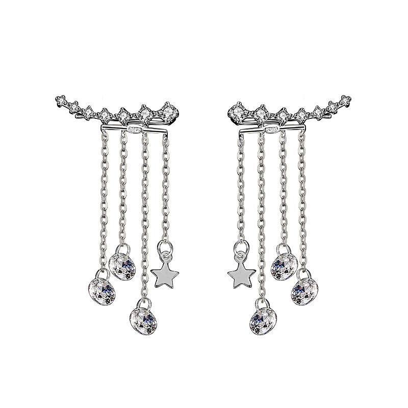 1 Pair 925 Sterling Silver Shiny Zircon Star Tassel Long Drop Earring For Women Luxury Party Punk Jewelry Accessories Eh1387