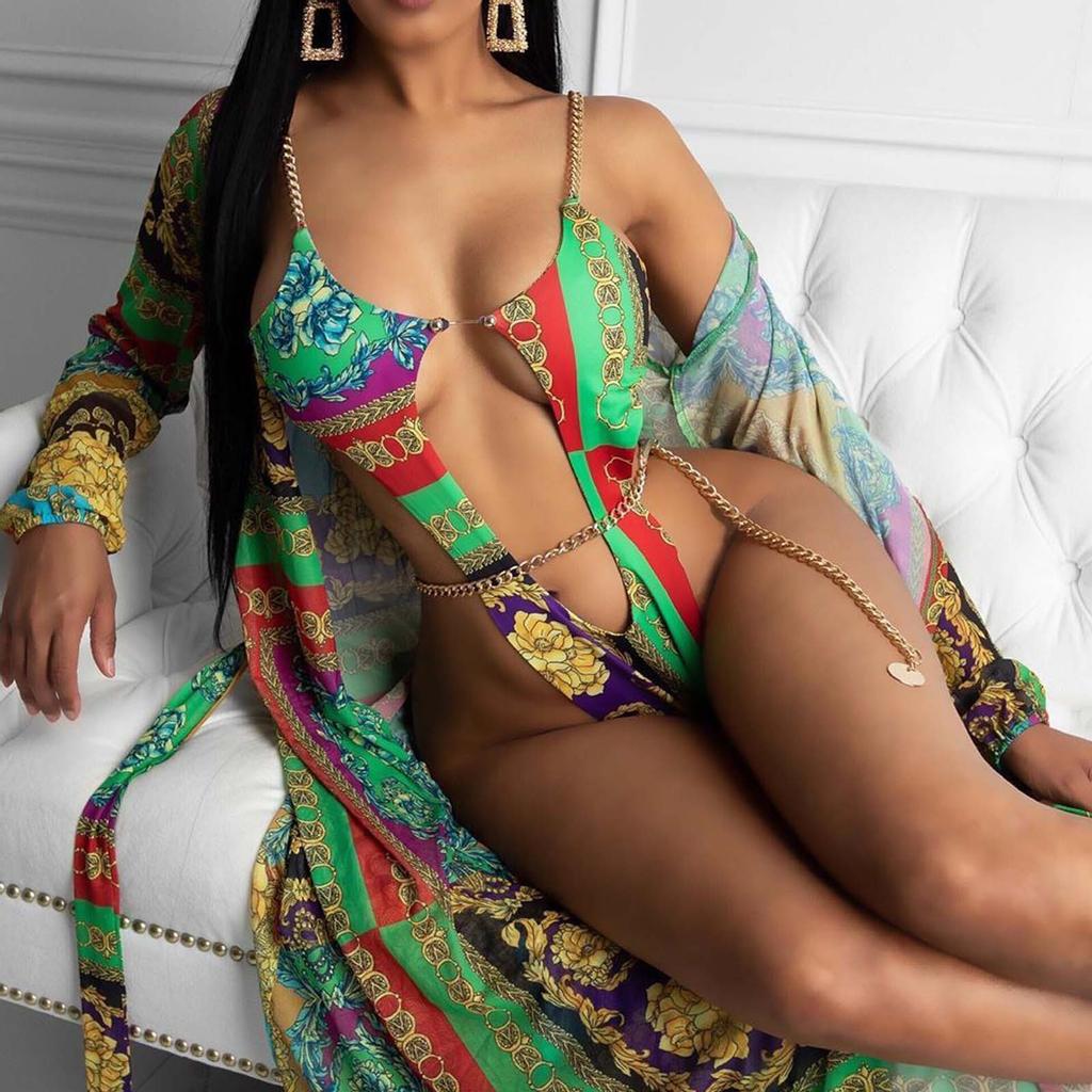 Women's Fashion Sexy Hollow Chain Personalized Printed One-Piece Swimsuit