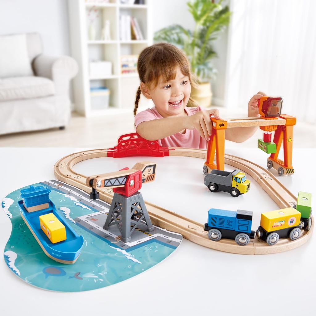 Hape Harbor Work Rail X X 69 Ages 3 and Wooden Pretend Play E3791 Set, 68.4 17.9 Cm, Up, Toy,