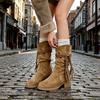 7CM Inner Heightening Thick-soled Medium Boots Children's 2025 New Thick Heel Retro Fringed Strap Stacking Boots Western Boots