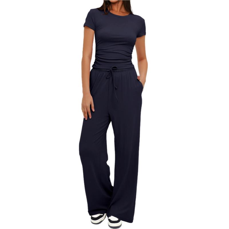 Solid Color Casual Long Sleeve Set Top High Waisted Wide Leg Pants Sportswear