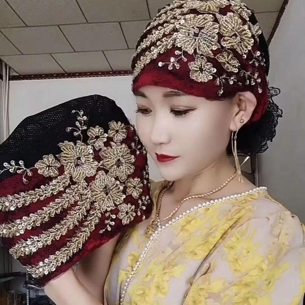 Turban Cap Floral Lace Caps Embroidery Beanie Hair Cover Cap Women Headscarf  Lady Female