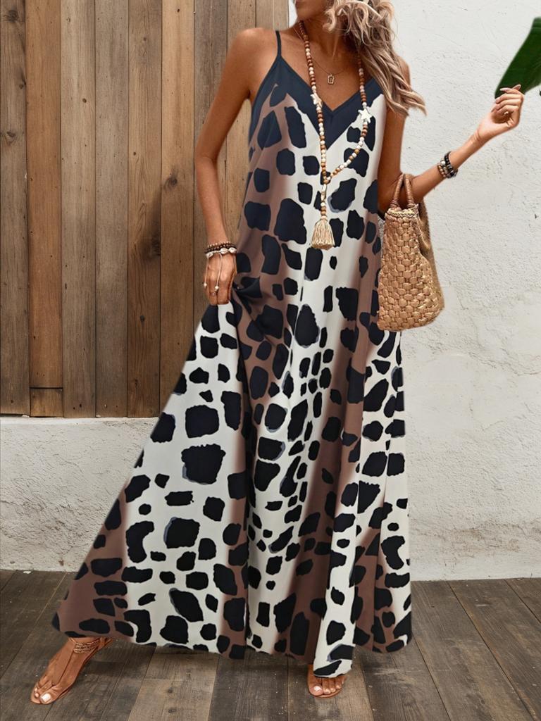 Ladies Lake Blue Abstract Ink Printing V-neck Thin Suspender Long Dress Loose Pendant Big Pendulum Vacation Leisure Beach