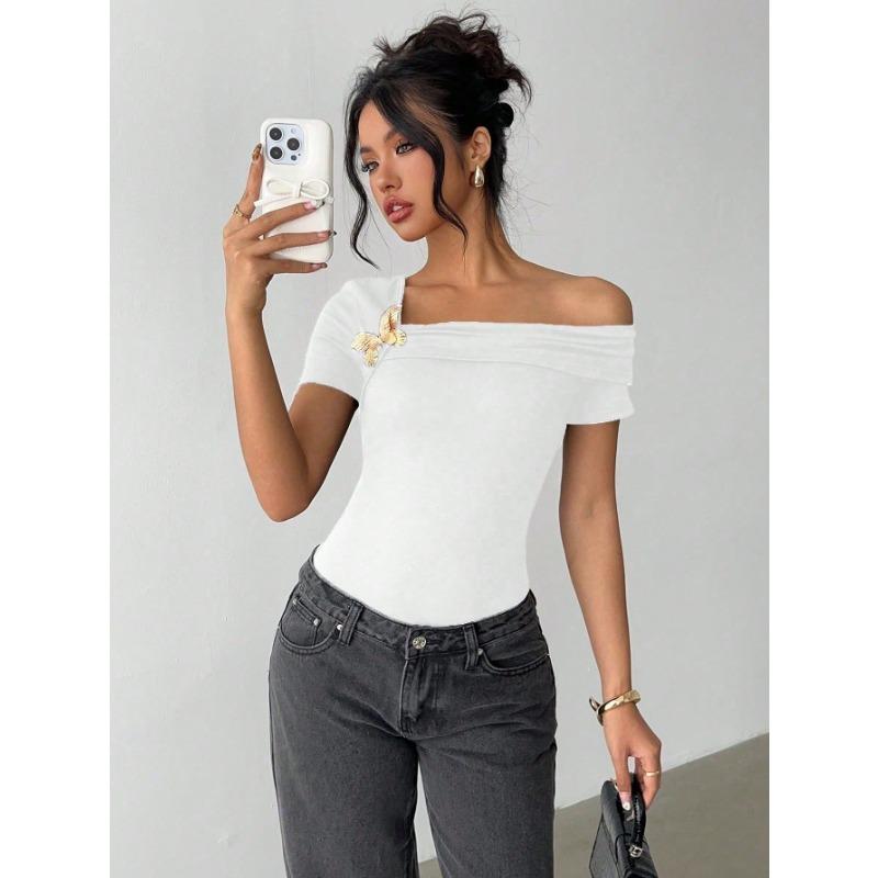 2025 Women's Elegant Simple Sloped Shoulder Top Women's T-Shirt