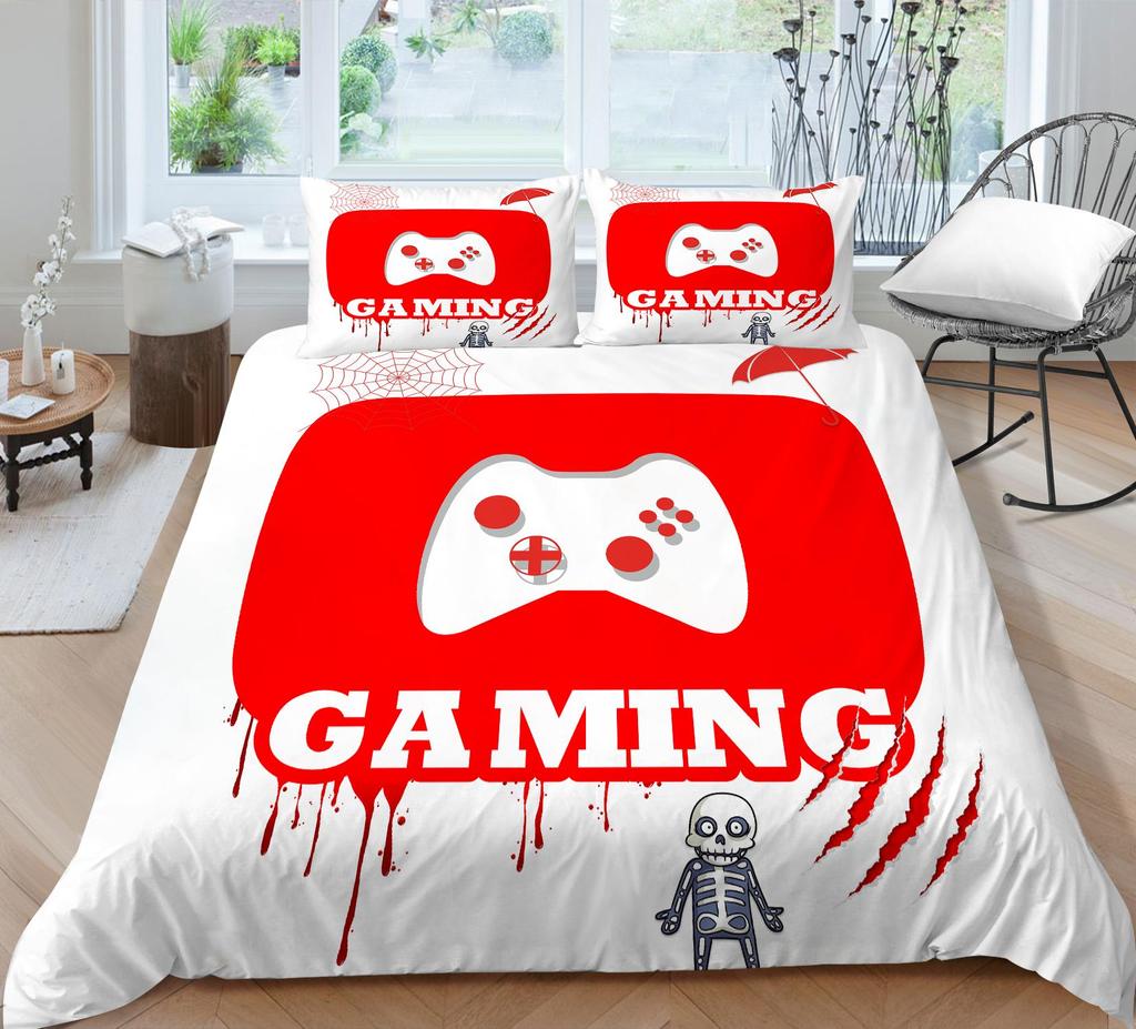 3D Bedding Single Double Bed Game Machine Printed Pillowcase and Quilt Cover 2/3 Pieces for Boys and Men Game Lovers Comfortable Household Bedding