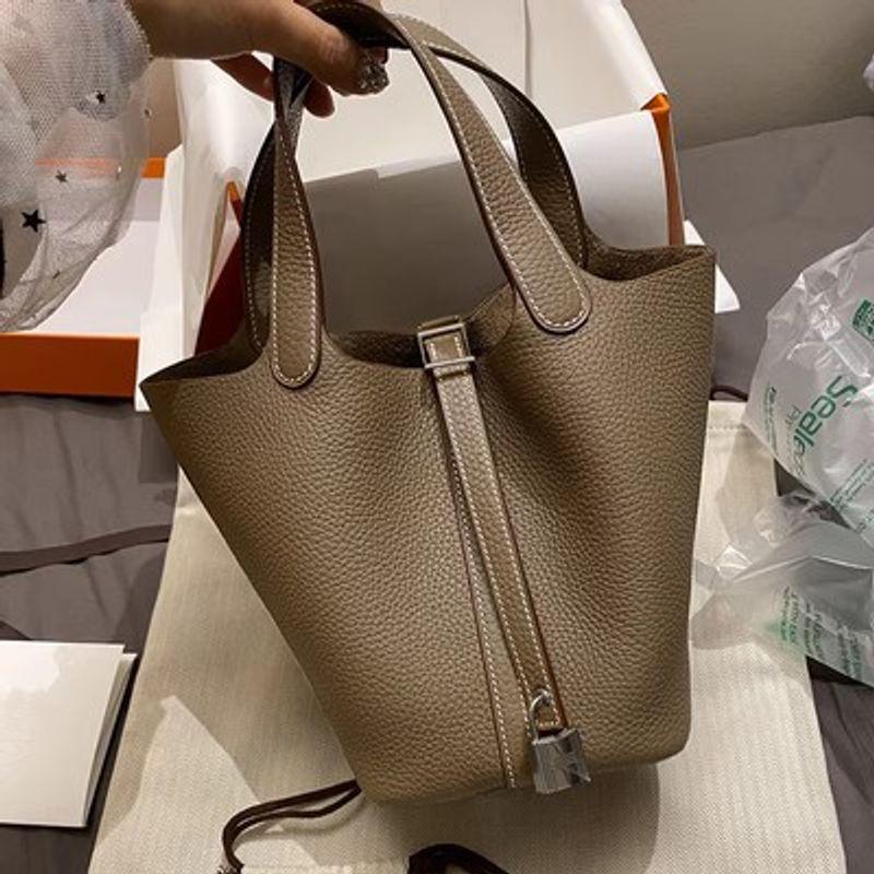 

Vegetable Basket Large Capacity Work Clothing Women s Cow Leather Bag Elephant Gray small size Silver Buckle