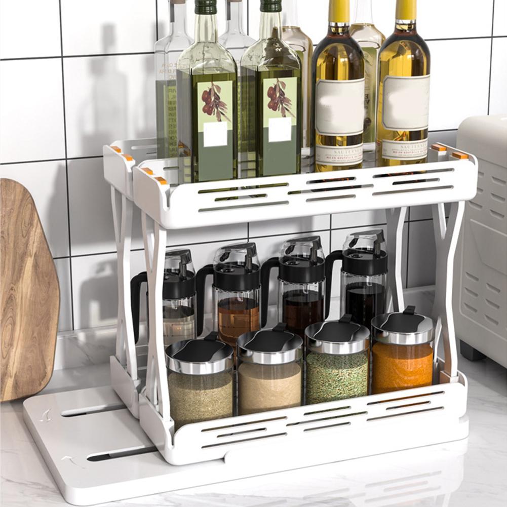 Pull Out Spice Shelves Non-Skid Base Rotating Double-Decker Kitchen Cabinet Organizer Modular Design for Seasoning Jars Medicine