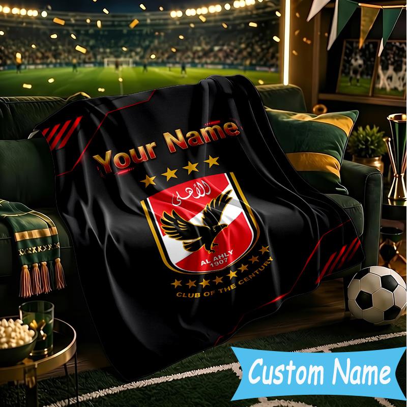 Custom Name Al Ahly Fc Crest Design Flannel Blanket, Use for Birthday/Holiday Gift, Soft Blanket for Sofa/Bed/Camping/Office, Home Decor