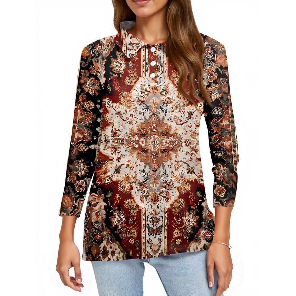 Women's Fashion Casual Lapel Short 3/4 Sleeve Print Shirt Women's Button Up Tops